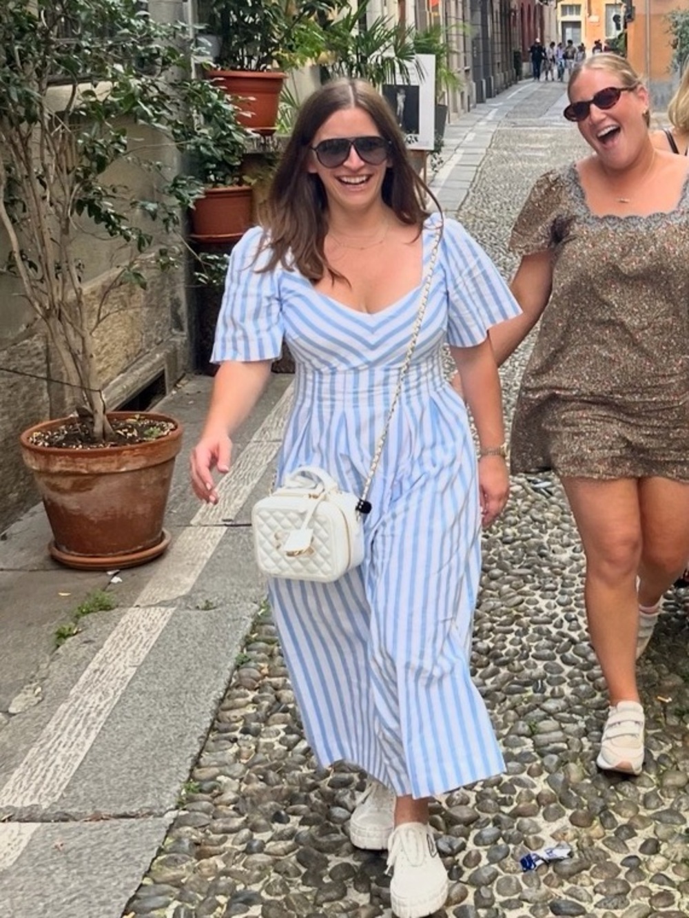a new day Blue and White Striped Puff-Sleeve Midi Dress